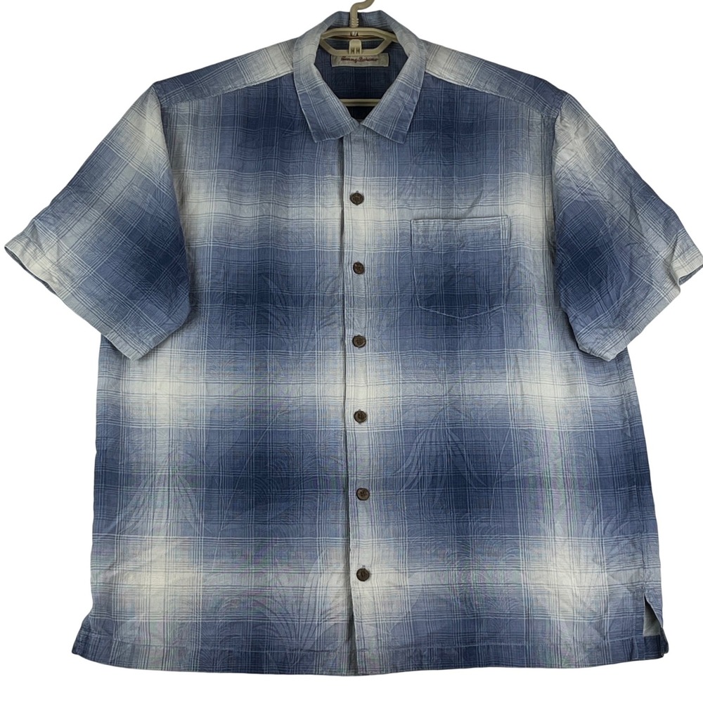 Tommy‎ Bahama Shirt Mens L (L/G) Blue Plaid Palm Jacquard 100% Silk Button Down